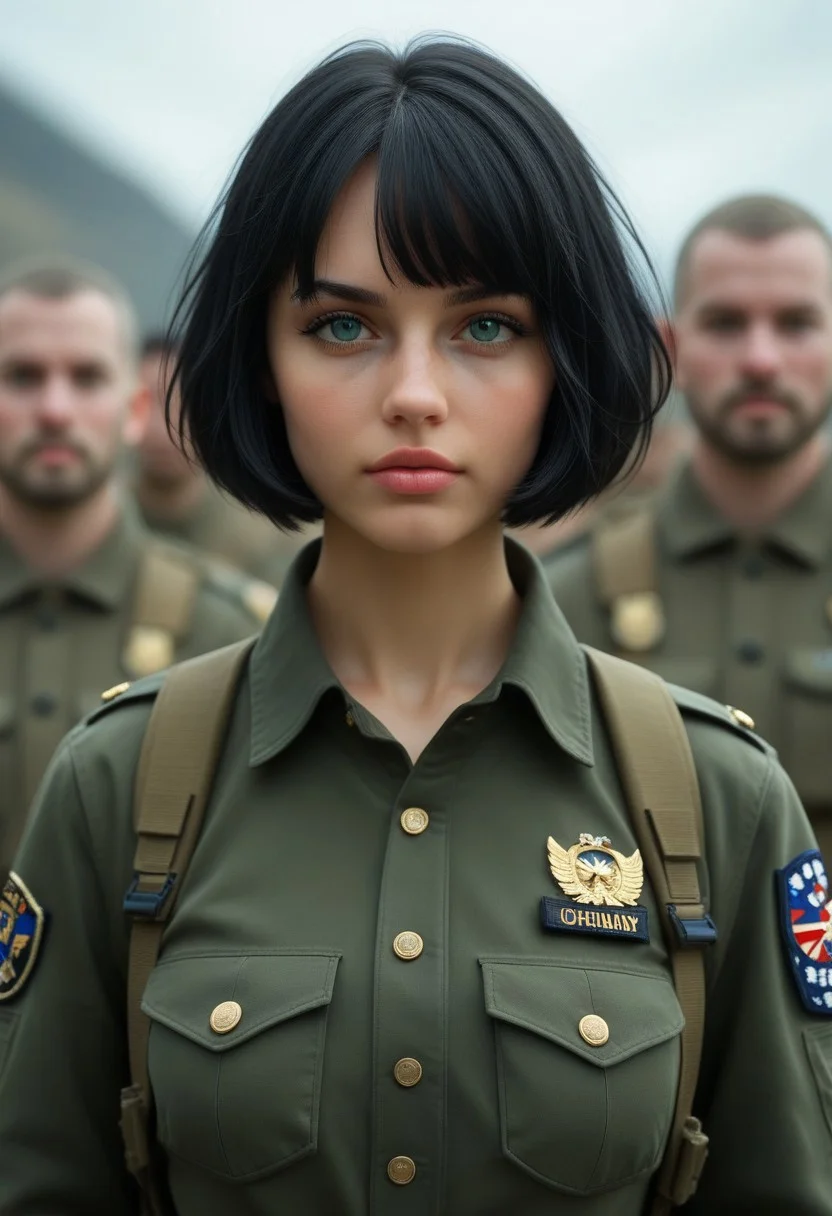 HUD, 4k, (Highly detailed and stylized portrait of an historical female soldier from the 16th century:1.85). The subject is a young woman with fair skin, short wavy black hair, and piercing blue eyes. ((One beautiful woman)), with black hair, wavy black hair, bob cut hair, big bust, athletic build, muscular,
One beautiful woman, with black hair,
((random detailed background))
(8k uhd:1,4)
(((full-clothed))),
<lora:add-detail-xl:1>
<lora:Dynamic Poses:1>