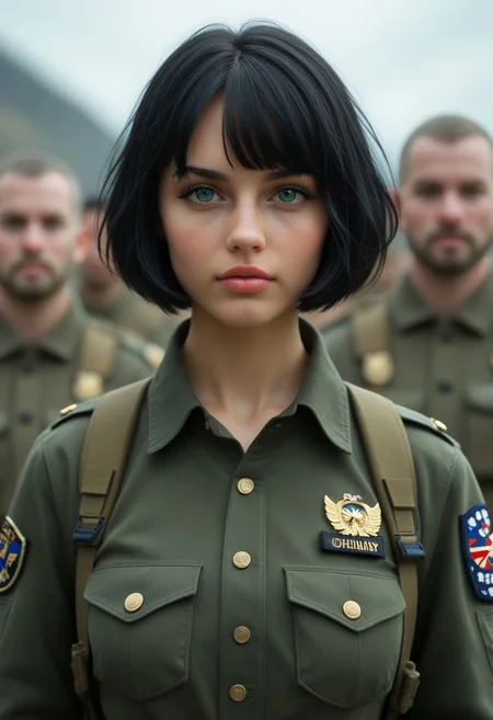 HUD, 4k, (Highly detailed and stylized portrait of an historical female soldier from the 16th century:1.85). The subject is a young woman with fair skin, short wavy black hair, and piercing blue eyes. ((One beautiful woman)), with black hair, wavy black hair, bob cut hair, big bust, athletic build, muscular,
One beautiful woman, with black hair, 
((random detailed background))
 (8k uhd:1,4)
(((full-clothed))),
 <lora:add-detail-xl:1>
 <lora:Dynamic Poses:1>