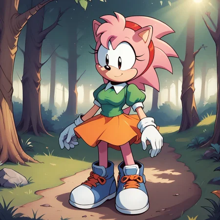 score_9, score_8, BREAK, solo, Classic Amy, sonic \(series\), solo girl, green dress top, white gloves, animal ears, black pupils, pink, white shoes, short puffy sleeves, white collar, red hairband, orange skirt, animal nose, two-tone fur, pink fur, adult, breasts, sexy pose, self portrait, smile, outdoors, sunlight, shadows, evening lighting, natural lighting, forest, trees, grass, orange sky, sunset