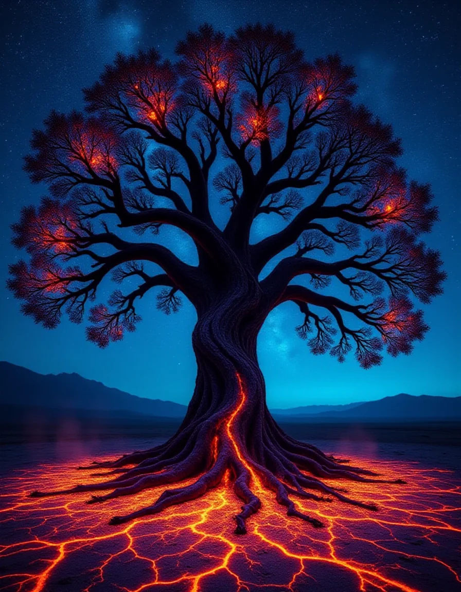 An enormous, burned tree towers in the center of a glowing, multicolored wasteland. Its trunk is a swirling mass of blackened spirals and fractals, with branches that twist into impossible shapes, forming eyes, stars, and galaxies in negative space. Leaves made of ash fall upward, dissolving into shimmering neon patterns in the air. The ground beneath the tree pulses with burned veins that radiate prismatic light, as if the entire tree is the heartbeat of the surreal, fiery world.
<lora:ral-brndptch_000002000:1>