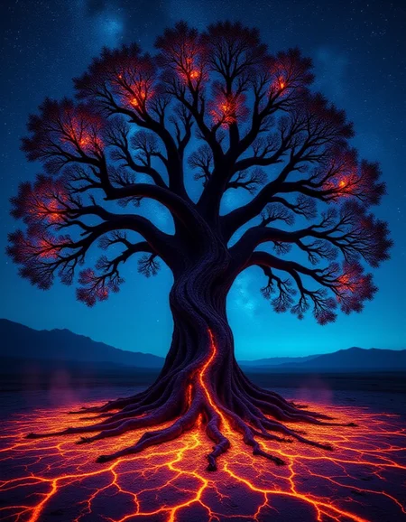 An enormous, burned tree towers in the center of a glowing, multicolored wasteland. Its trunk is a swirling mass of blackened spirals and fractals, with branches that twist into impossible shapes, forming eyes, stars, and galaxies in negative space. Leaves made of ash fall upward, dissolving into shimmering neon patterns in the air. The ground beneath the tree pulses with burned veins that radiate prismatic light, as if the entire tree is the heartbeat of the surreal, fiery world.
<lora:ral-brndptch_000002000:1>
