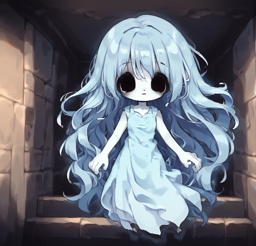 <lora:spookyxl:1> spookyjsm, 1girl, solo, ghost, blue hair, solid oval eyes, long hair, colored skin, long dress, black eyes, <lora:StrawbunimilkR2_r2:0.8>