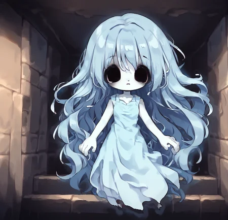 <lora:spookyxl:1> spookyjsm, 1girl, solo, ghost, blue hair, solid oval eyes, long hair, colored skin, long dress, black eyes, <lora:StrawbunimilkR2_r2:0.8>