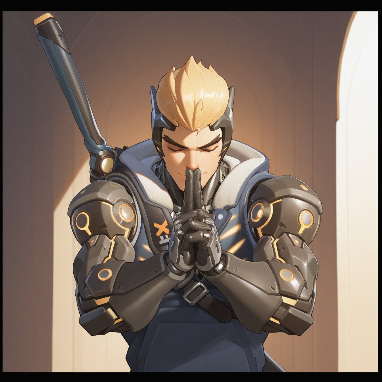 <lora:GENJI_GENOS:1>genji_genos, solo, short hair, blonde hair, 1boy, gloves, closed mouth, upper body, closed eyes, male focus, weapon, sword, armor, bodysuit, own hands together, spiked hair, facing viewer, black border, mechanical arms, cyborg, weapon on back, praying, hand gesture, kuji-in, jacket, vest, headgear, sheathed, single mechanical arm, cyberpunk, tilted angle, motion blur, film grain, abstract, natural lighting, fantasy, cinematic, dynamic view, tilted angle,, very awa, masterpiece, best quality, absurdres, newest, perfect quality, detailed background, intricate details,  (artist:fl \(l-fl\):0.7), (artist:tooboshoo:0.7), (artist:dizdoodz:0.8)