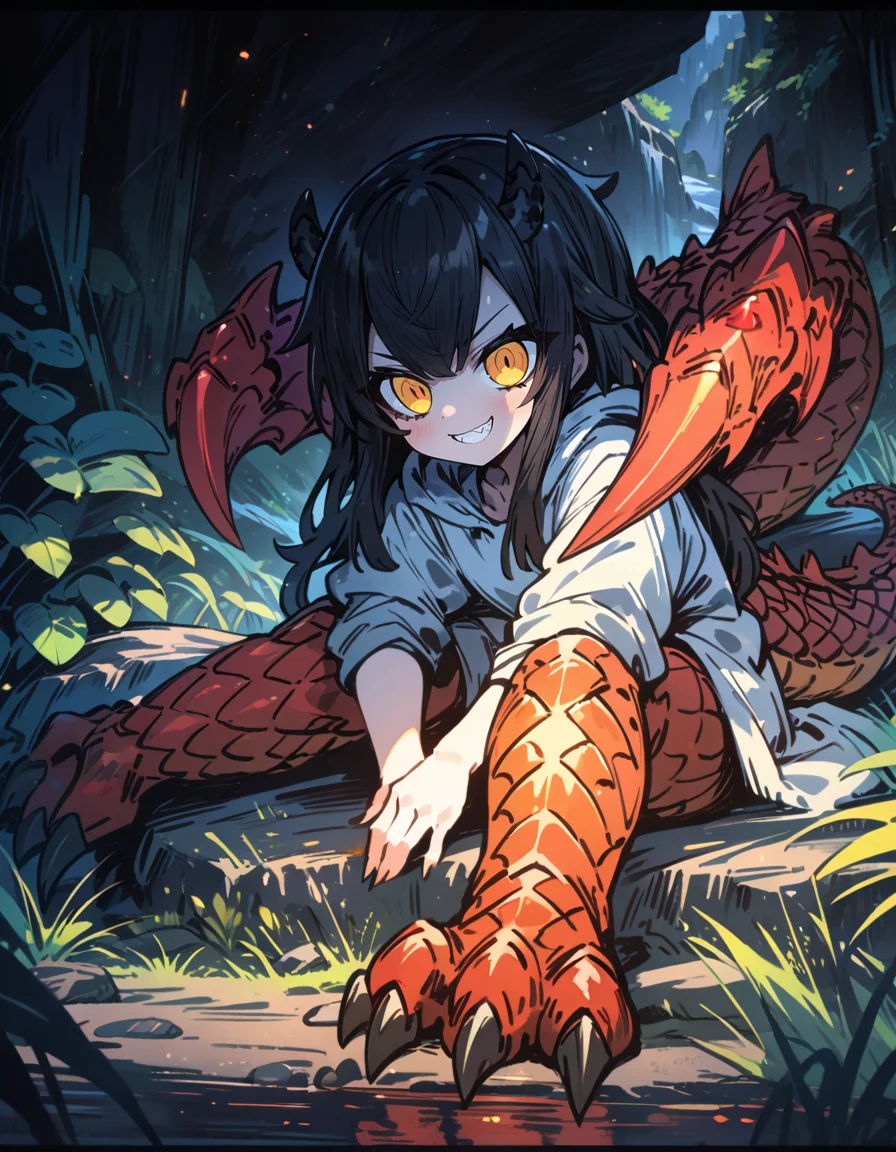 (masterpiece), best quality, (4K), (cinematic lighting), highly detailed, 8K, UHD, ultra detailed, immersive picture, vivid colors, volumetric light, cinematic light, extremely detailed CG, (full body shot), thick lines, ketopon
1girl, dragon girl, red scales, slit eyes, yellow eyes, colored sclera, sitting on rock, mountainside, black horns, sharp teeth, grin, dragon claws, <lora:EridollP:1>, disheveled black hair, long hair, dragon legs