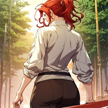 score_9, score_8_up, score_7_up, masterpiece, very high quality, Anime_source, AliciaTermina, blue eyes, red hair, medium hair, ponytail, working uniform, epiCPhoto, brown pants, white top, belt, abs, trees, dark sky, ass, moon