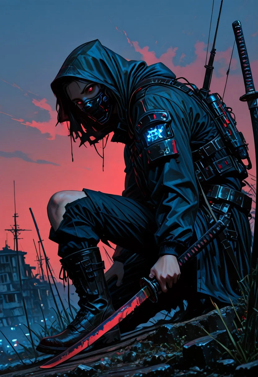 masterwork, masterpiece, best quality, detailed, depth of field, , high detail, best quality, very aesthetic, 8k, photorealistic, realistic skin, deep colour, high contrast, hyperdetailed, matte digital painting, trending on artstation, sharp edges, precise, clear focus, detailed face, face focus, sideview, wide shot, looking at viewer,
futuristic, gritty.
line art, ink art of a woman, solo, soldier, enigmatic, (glowing red eyes), matte black modular suit of armor, molded armour, whole body protection, heavy boots, holding a katana, blue glowing blade, ready to fight, fighting stance. Deep hood, black face mask, pale skin,
background war-torn urban landscapes, dramatic lighting, dynamic angle, whole body, face focus, high contrast, deep shadows, distant fires, smoky sky, matte painting,
STP-Illu