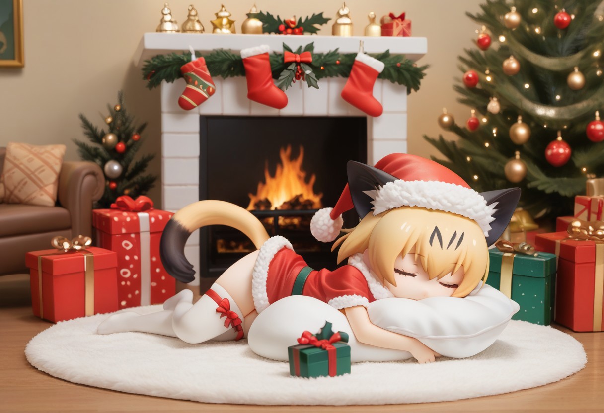 1girl, ((solo)), best quality, ultra-detailed, extremely detailed, perfect anatomy, masterpiece, score_9, score_8_up, score_7_up, Expressiveh, sand cat \(kemono friends\), 1girl, cat girl, cat ears, blonde hair, short hair, cat tail, christmas tree, christmas decoration, christmas ornaments, underneath Christmas tree background, indoors, santa cosplay, santa outfit, santa hat, santa's sack, Christmas outfit, giant sack of presents, fully clothed, Christmas themed thighhighs, thighhighs, elbow gloves, bowtie, santa's sack of presents, red ribbon collar, Christmas presents, Christmas themed, living room, fireplace, (chibi), cute, adorable, closed eyes, sleeping, smiling, laying on side, side view, tail_accessory, mistletoe_on_tail, mistletoe, closeup,