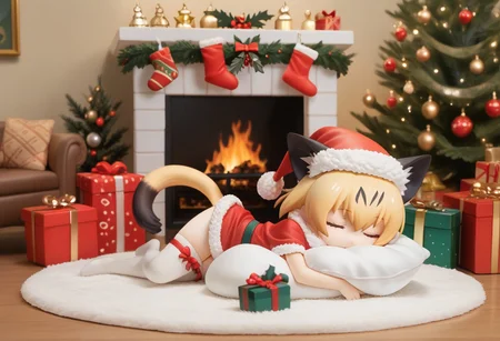 1girl, ((solo)), best quality, ultra-detailed, extremely detailed, perfect anatomy, masterpiece, score_9, score_8_up, score_7_up, Expressiveh, sand cat \(kemono friends\), 1girl, cat girl, cat ears, blonde hair, short hair, cat tail, christmas tree, christmas decoration, christmas ornaments, underneath Christmas tree background, indoors, santa cosplay, santa outfit, santa hat, santa's sack, Christmas outfit, giant sack of presents, fully clothed, Christmas themed thighhighs, thighhighs, elbow gloves, bowtie, santa's sack of presents, red ribbon collar, Christmas presents, Christmas themed, living room, fireplace, (chibi), cute, adorable, closed eyes, sleeping, smiling, laying on side, side view, tail_accessory, mistletoe_on_tail, mistletoe, closeup,