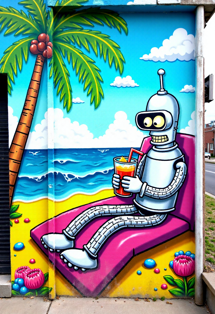 <lora:Brick_Wall_Graffiti_FLUX:1>
This photograph captures a vibrant, detailed mural on a wall, painted in a bold, cartoonish style. The mural features a stylized depiction of  Bender on the beach, lounging, drinking a tropical drink