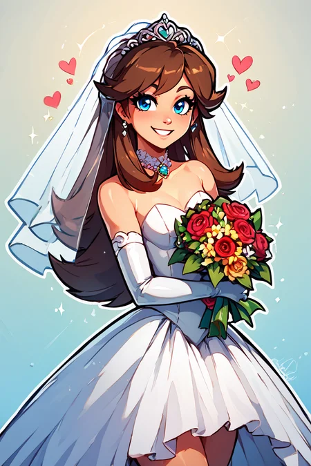 score_9, score_8_up, score_8, medium breasts, (curvy), cute, eyelashes,       BREAK, , gurin, blue eyes, brown hair, long hair, <lora:GreenPokemonaaabbbccccccc:0.8>, , BREAK, smile, looking at viewer,  bride, wedding dress, bridal veil, strapless dress, elbow gloves,  holding bouquet,  hearts, white outline, cowboy shot, embedding:zPDXL, Expressiveh, <lora:CatalystStylePDXL:0.6>,  <lora:SDXLFaeTastic2400:0.5>,  <lora:Expressive_H-000001:0.4>,