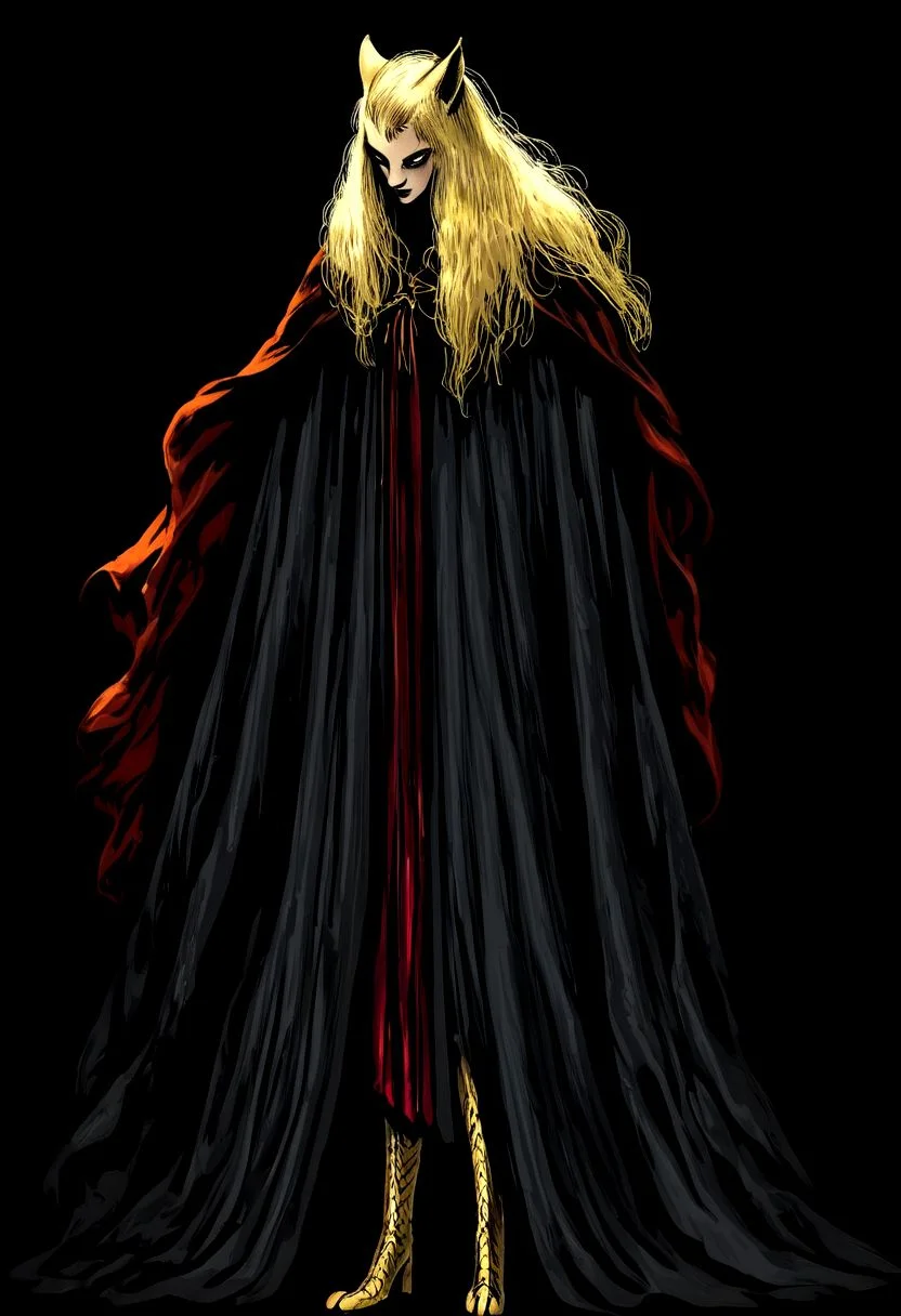 wizardry, illustration, beautiful Female Dryard, long golden hair, silver kneeguards, magic boots, long ears, slender long legs, black background, mysterious, mythical, red robe yellow cloth, cape, creature, werepanther, golden fur,