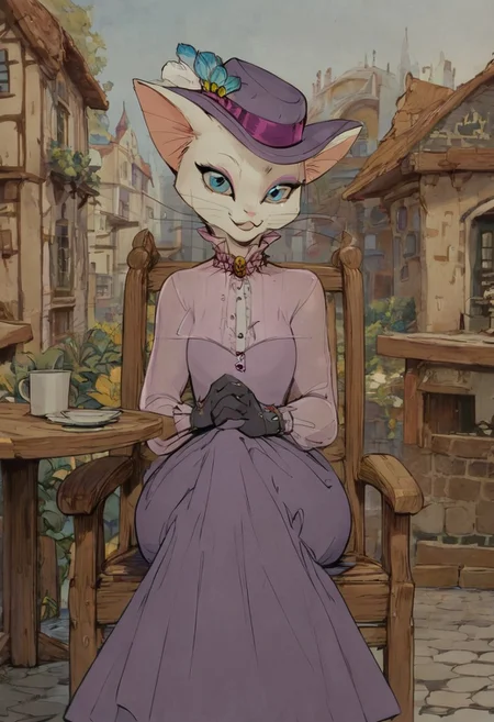 score_9, score_8_up, score_8, cute, in the style of beatrix potter, cel-shading, fca style, baroness louise, white fur, cat, female cat, blue eyes, anthro, gloves, purple hat, elegant hat, purple dress, looking at viewer, beautiful eyes, smile, solo, 1girl, countryside, small town, sitting on chair, table