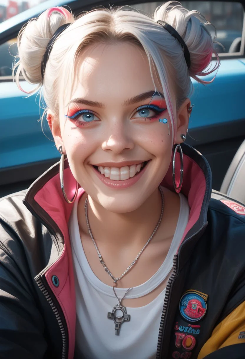 njmjzkz, 1girl, jewelry, earrings, solo, double bun, freckles, realistic, smile, hair bun, looking at viewer, white hair, piercing, neon jacket, neon highlights, upper teeth only, parted lips, jacket, grin, necklace, blue eyes, makeup, hoop earrings, sitting in a car, sidelighting, gossamer, futurism, cyberpunk zPDXL