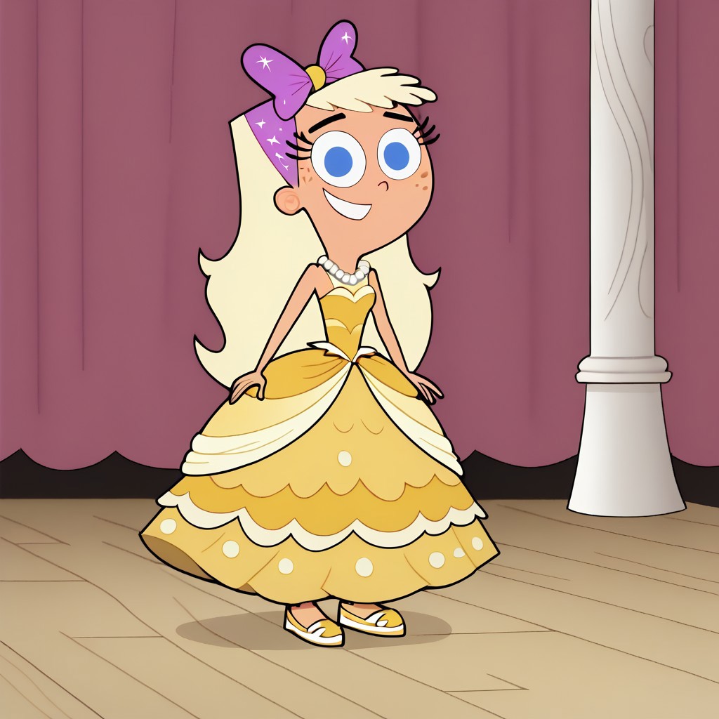score_9, score_8, score_7, BREAK, chloe_fop, long hair, blonde hair, blue eyes, freckles, hair bow, cute, Very long large straight sparkling tulle yellow princess ball gown hoop skirt, ball gown hoop skirt, yellow princess dress, hoopdress, my big sparkly gypsy wedding dress, ballgown, She is wearing long elbow length yellow fingerless bridal gloves, white pearl necklace, a girl in a big wide poofy floor length posing for a picture, wearing a sleeveless ballgown, looking at viewer and smiling, standing, smiling, full body, looking at viewer