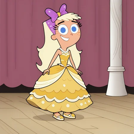score_9, score_8, score_7, BREAK, chloe_fop, long hair, blonde hair, blue eyes, freckles, hair bow, cute, Very long large straight sparkling tulle yellow princess ball gown hoop skirt, ball gown hoop skirt, yellow princess dress, hoopdress, my big sparkly gypsy wedding dress, ballgown, She is wearing long elbow length yellow fingerless bridal gloves, white pearl necklace, a girl in a big wide poofy floor length posing for a picture, wearing a sleeveless ballgown, looking at viewer and smiling, standing, smiling, full body, looking at viewer