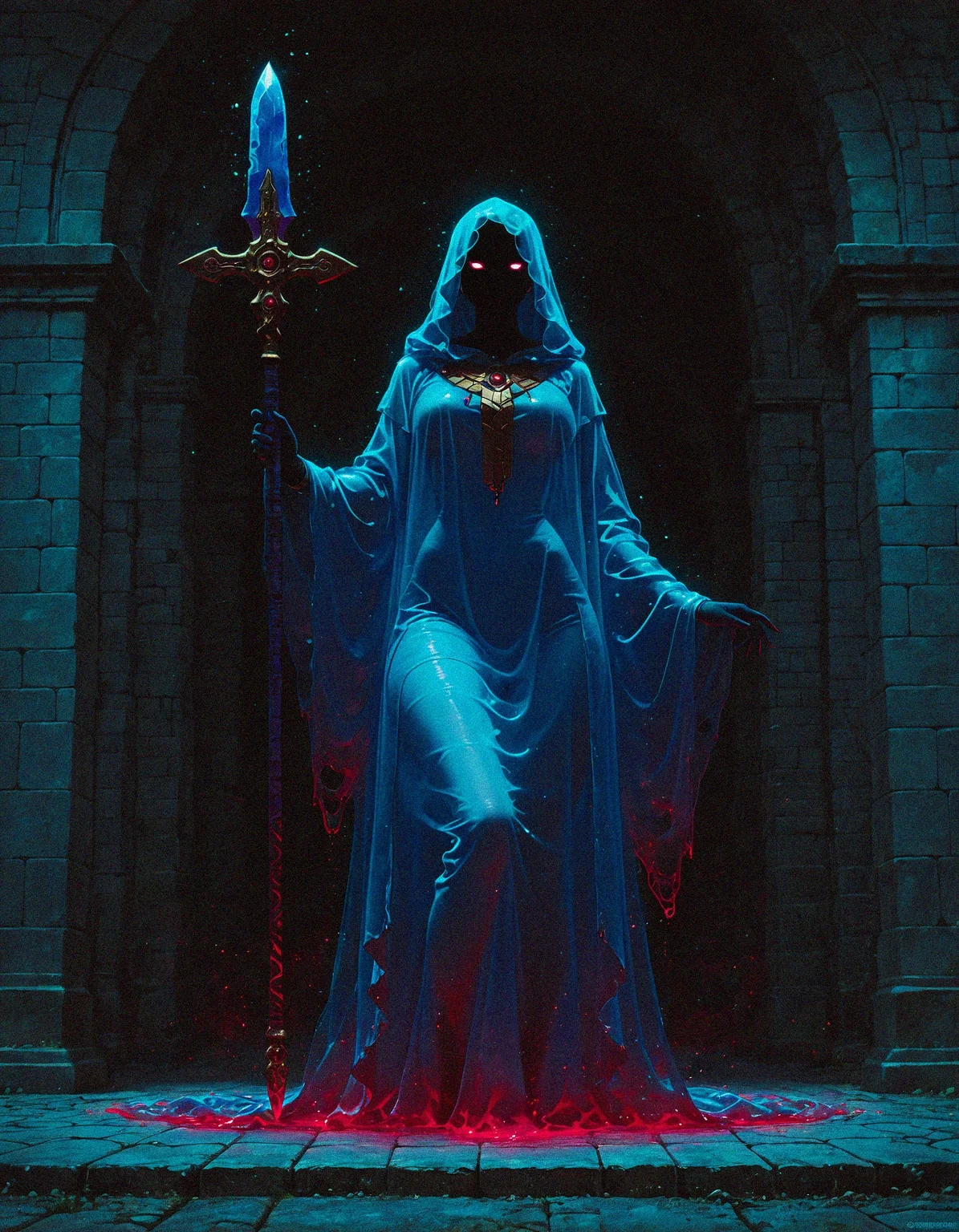 masterpiece, best quality, amazing quality, <lora:DarkFantasy_v3_Buns:0.55>, Spirit Sentinel, flowing translucent robes, spectral spear, drifting ghostly companions, ancient crypt, masterpiece, best quality, amazing quality
