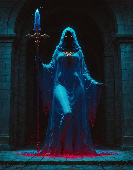 masterpiece, best quality, amazing quality, <lora:DarkFantasy_v3_Buns:0.55>, Spirit Sentinel, flowing translucent robes, spectral spear, drifting ghostly companions, ancient crypt, masterpiece, best quality, amazing quality