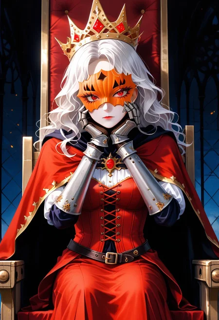 (masterpiece, best quality, absurdness, 4k, aesthetic, detailed, intricate, perfect lighting) cinematic angle, 1sologirl, sitting on throne, elbow rest, castle interior, cape, TWIN belt, armor, cloak, red gloves gauntlets, bkcrown, red eyes, white haired anime girl, with wavy hair, pale skin, On her face she had a pumpkin mask, orange porcelain pumpkin mask, full mask cover face, dressed in a medieval corset, with black medieval clothing, anime style. Conjure up some magic capturing the Halloween spirit.
