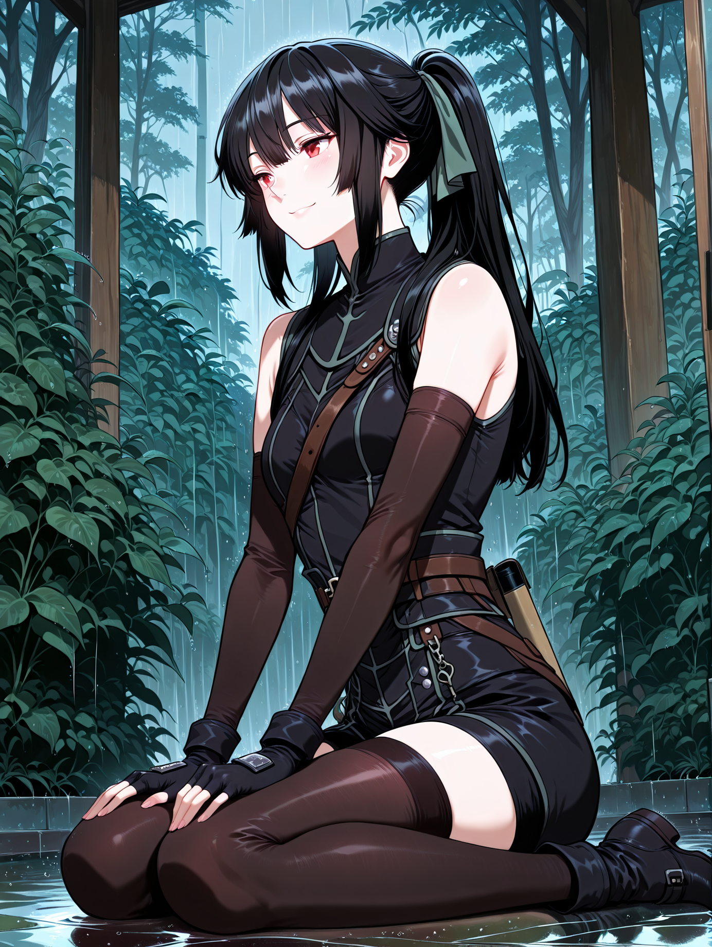 <lora:Jasmine_Flamesworth__The_Beginning_After_the_End__Illustrious:1>
1 girls, solo, red eyes, black hair, long hair, ponytail, bangs, hair between eyes, sidelocks, small breasts
hair ribbon, black gloves, fingerless gloves, elbow gloves, thighhighs, belt, sleeveless, black short, bare shoulders,
score_9, score_8_up, score_7_up, very aesthetic, source_anime, detailed, high quality, beautiful, detailed eyes, masterpiece, best quality, absurdres, perfect anatomy, 1girl, solo, wariza, sitting, hands on own knees, garden background, charming smile, rain, <lora:iLLMythG0thicL1nes:1>