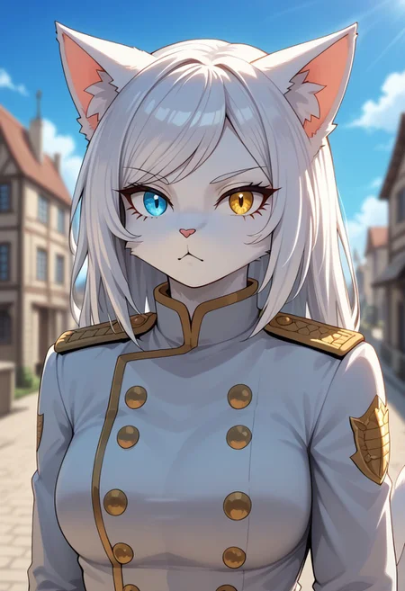 (masterpiece), best quality, expressive eyes, perfect face, anime, (1girl, (cat girl, furry female cat, furry female), (white hair, sideswept bangs, white fur)), ((heterochromia, right gold eye, left blue eye)), (military uniform, knight), serious, (town), fine details, clothing textures, depth of field, dim lighting, high quality, thick outlines, symphtia-style