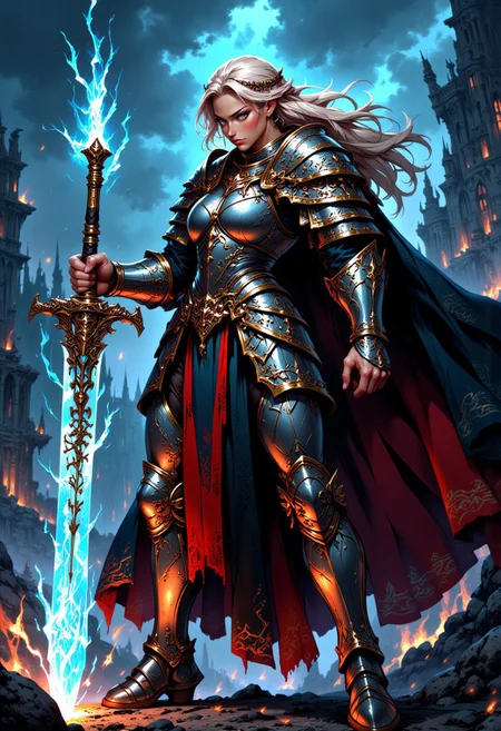 "A medieval warrior sorceress stands boldly amidst a dark, enchanted battlefield, her design inspired by comic art with bold, intense colors and sharp detailing. She wields a glowing, ethereal greatsword crackling with magical energy, its jagged edges radiating a menacing, otherworldly light. Her medieval armor is a blend of sleek steel and arcane runes, adorned with spikes and intricate carvings that reflect her dark power. A flowing black cape lined with crimson billows behind her, complementing her piercing gaze and pale skin. Her long, platinum-blonde hair is tied back into a loose braid, framed by a dark, intricate circlet. The backdrop reveals a stormy sky over a ruined castle, with flashes of magical energy illuminating the scene. Describe the dynamic pose and powerful presence of this sorceress, blending medieval aesthetics with comic-style drama and vibrant