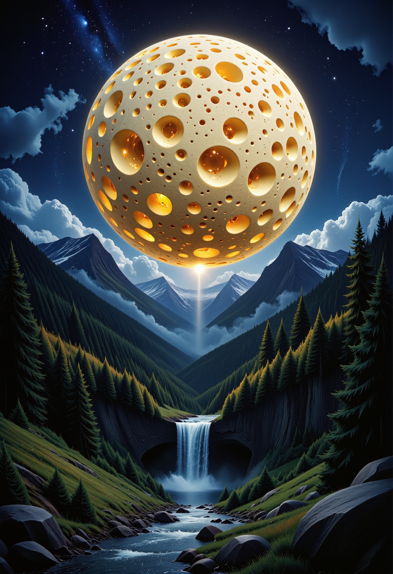 A painting of a gigantic glowing orb made from cheese shining over a fantastical night landscape with forests, trees, a river, a waterfall and rocky mountains. <lora:Hyper-FLUX.1-dev-16steps-lora:0.15> <lora:Challenge_Winnifier_ENTERPRISE_EDITION_epoch_5:0> <lora:New_Fantasy_CoreV4_FLUX:1> <lora:Made_from_Cheese_Flux:1>