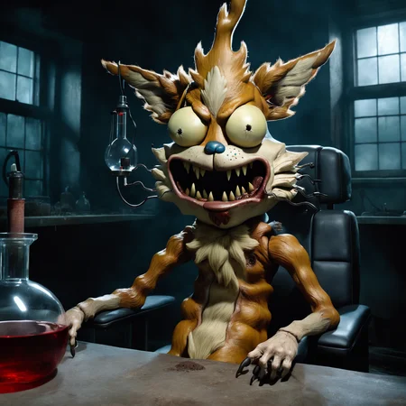 creepy fanart, best quality, semi-realistic, portrait of ukj, creepy face, high detailed realism, sitting in his evil lab<lora:squanch_sdxl_ukj_E3:0.95>