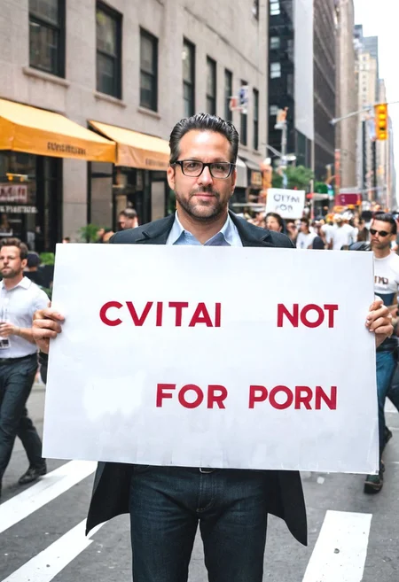 Realistic photograph of an intelligent man in a busy downtown New York City neighborhood holding a large poster, (holding sign with text:"Сivitai not for porn":1.4 )