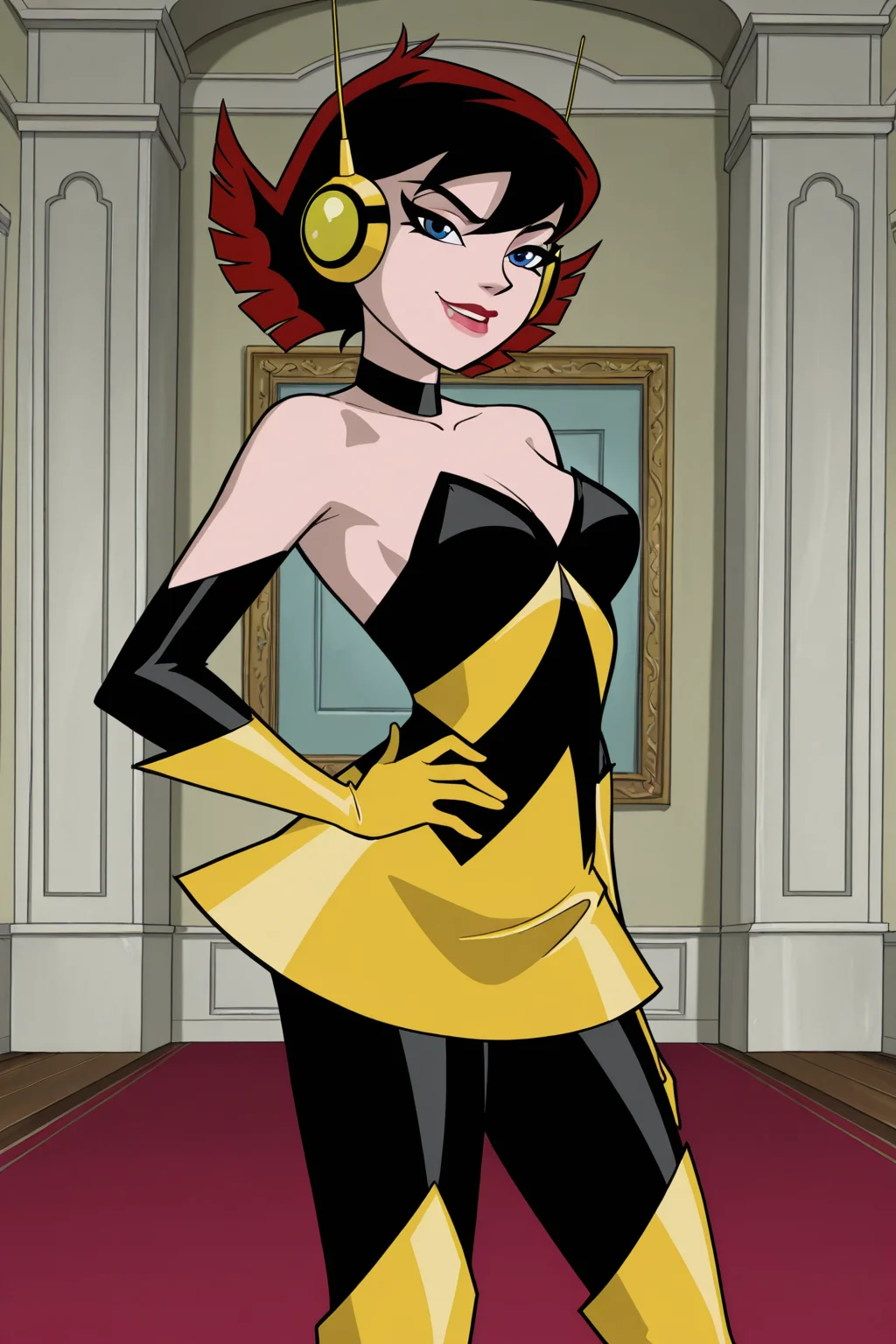 ((parody, parody style), perfect anatomy, perfect eyes, cowboy shot) BREAK <lora:WaspIL:1> janet van dyne, short hair, multicolored hair, red hair, black hair, blue eyes, lipstick, sultry eyes, naughty face, sultry face, ((looking at viewer)), headphones, dress, elbow gloves, gloves, pantyhose, knee boots, arched back, standing, model pose, hand on hips, indoors