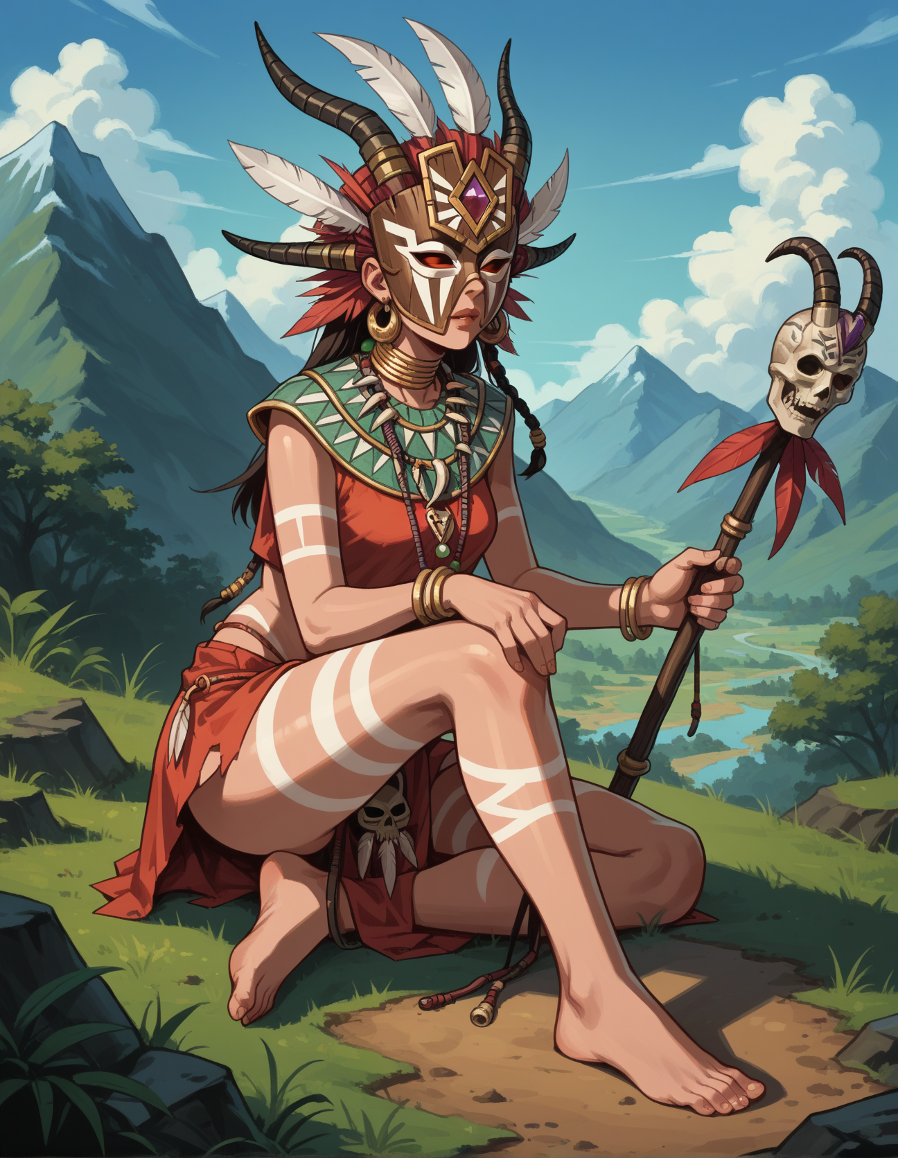 score_9, score_8_up, score_7_up, score_6_up, score_5_up, score_4_up, Hand shading her eyes, gazing forward, with a foot propped up as if scaling a mountain, she embodies the spirit of adventure, hud_d3witchdoctor, 1girl, shirt, skirt, jewelry, necklace, mask, tribal, staff<lora:diablo_withdoctor-000008:0.7>