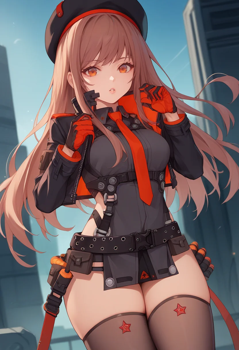 score_9, score_8_up, score_7_up, source_anime BREAK 1girl, solo, <lora:rapi-nikke-richy-v1_pdxl:1>  rapidef, orange eyes, brown hair, long hair, bangs, beret, black jacket, cropped jacket, red necktie, gloves, belt, thighhighs, parted lips, looking at viewer, science fiction, thighs