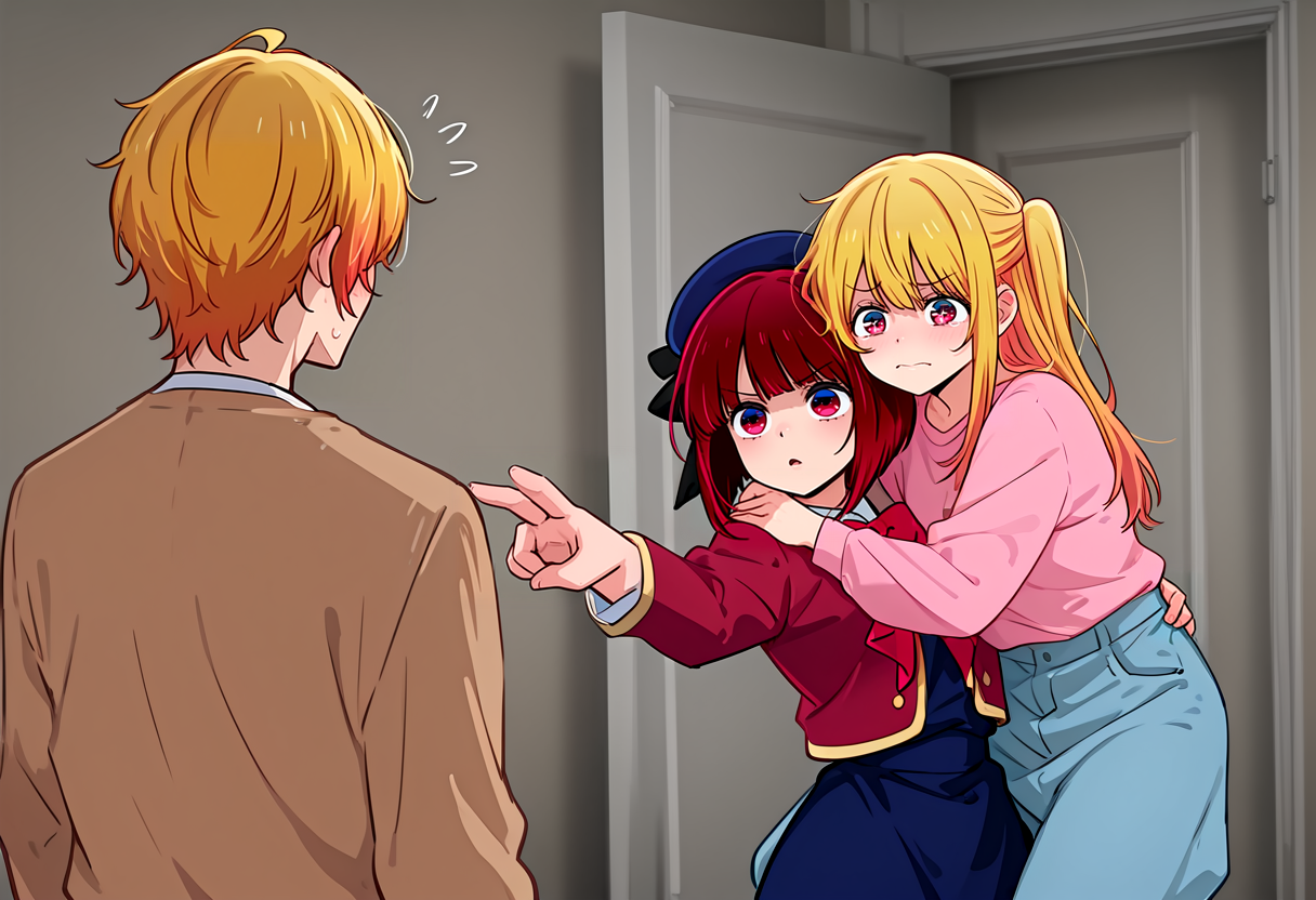 (masterpiece, high quality, amazing detail), highres, 2girls, 1boy, hoshino aquamarine, hoshino ruby, arima kana, protected kevin hert (meme), <lora:protected_kevin_hert_husband_of_hollywood:0.9>