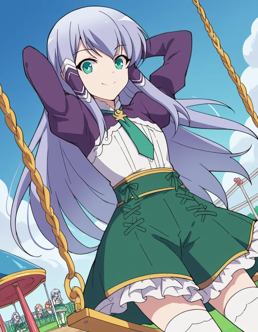 score_9, score_8_up, score_7_up, source_anime, <lora:elze-silhoueska-s2-ponyxl-lora-nochekaiser:1>, elze silhoueska, long hair, blue eyes, green eyes, blue hair, aqua eyes, hair tubes,, skirt, thighhighs, white thighhighs, puffy sleeves, white shirt, necktie, green necktie, purple sleeves, green skirt, frilled skirt, public park, playground, swing set, laughter, sunny day, smile, hands behind head,, looking at viewer, solo,, dutch angle, cowboy shot