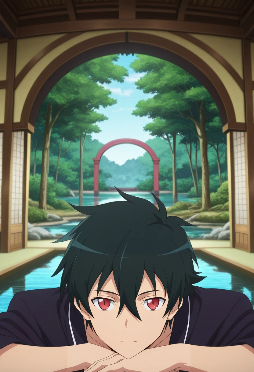 masterpiece, best quality, intricate details, anime screencap, anime coloring, official style, looking at viewer, 1boy, solo, male focus, <lora:sadao_maou_ilxl:0.96>, sadao_maou, black hair, red eyes, short hair, hair between eyes, symmetry, pond, arch, japanese architecture, indoors, the pose, expressionless,