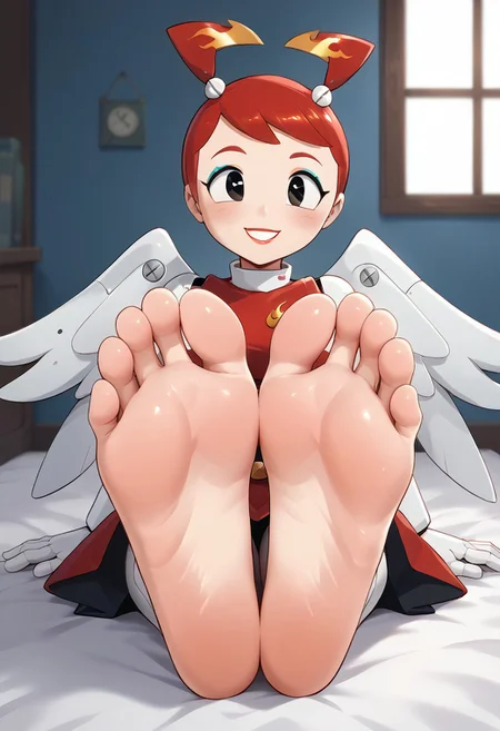 score_9, score_8_up, score_7_up, score_6_up, score_5_up, score_4_up, source_anime, BREAK, (masterpiece:1.4), (best quality:1.2), expressive eyes, perfect face, perfect anatomy, accurate anatomy, perfect feet, perfect soles, 1 girls, feet, soles, toes, foot focus, front view, smile, cute expression, clean feet, sitting, hands on ground, showing feet, barefoot, PONYXL_WaifuFeetPics_ownwaifu, feet, Jenny Wakeman, XJ-9, Hot Rod Jenny, female, 1girl, solo, robot girl, red pigtails, flame pattern, red skirt, red tube top, golden skin, golden skin, red lips, black eyes, shiny skin, shiny hair, shiny clothing, barefoot, angel wings, halo, glowing halo, (blue eyeshadow), makeup, red lips, lipstick,