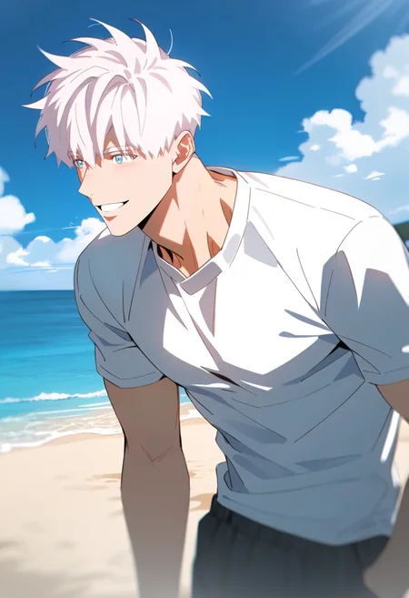 score_9,score_8_up,score_7_up,best quality,amazing quality,best aesthetic,absurdres,good colors,bright skin,good shading,countershading,detailed background,
1boy,male focus,solo,<lora:éµåMignon>,short hair,white hair,bangs,blue eyes,muscular giant boy,detailed hair,(highlight:1.3),kind_smile,smile,
muscular,white shirt,short sleeve,looking_afar,black shorts,wide_shot,
outdoors,beach,sea,sand,sky,blue sky,
<lora:Expressive_H:0.8>,Expressiveh,<lora:aesthetic_anime_v1s:1.2>,