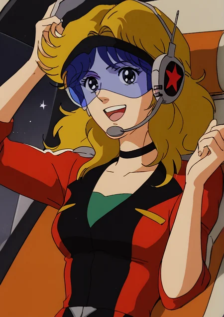 R3mY5hiMada, score_8_up, score_7_up, retro artstyle, source_manga, rating_safe, <lora:Remi_Shimada_-_GoShogun_Macron1_1981_-_Pony:0.8>, Remy, long hair, blonde hair, dark eyes, helmet, visor, headset, black choker, smile expression, mouth open, red and black suit, green t-shirt, full body, break, in a pilot seat, hands raised, holding joysticks