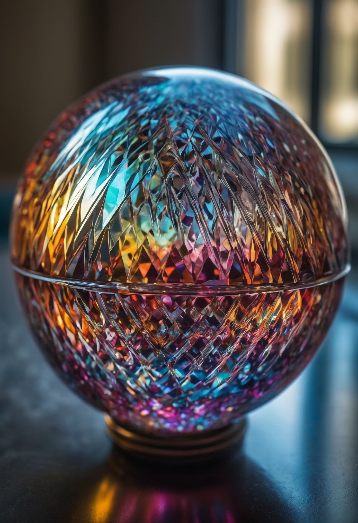 RAW Photograph, a reflective orb of an unknown material, patterned and layered, insane intricate detail, crystalline clarity, prismatic brilliance, supreme quality, award winning art, raytracing, sharp focus, 8k, hdr, masterpiece, photography, dslr, kodachrome, 35mm photograph, analog film, professional, highly detailed, vibrant and colorful