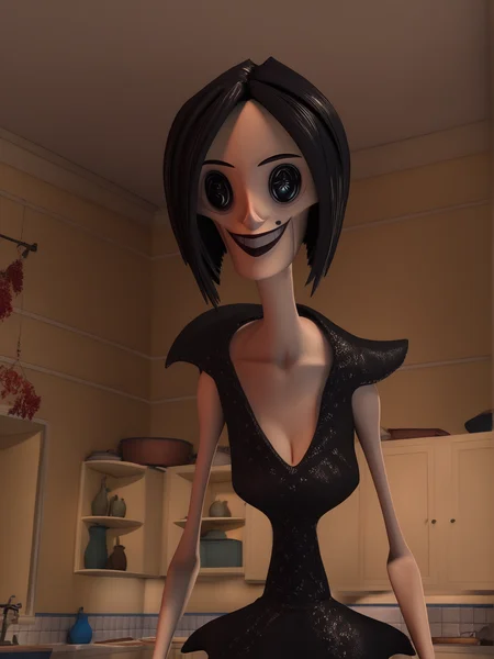 <lora:The_Beldam_Other_Mother:1>,3d,Beldam,button eyes,1girl,black hair,short hair,dress,upper body,looking at viewer,smile,indoors
