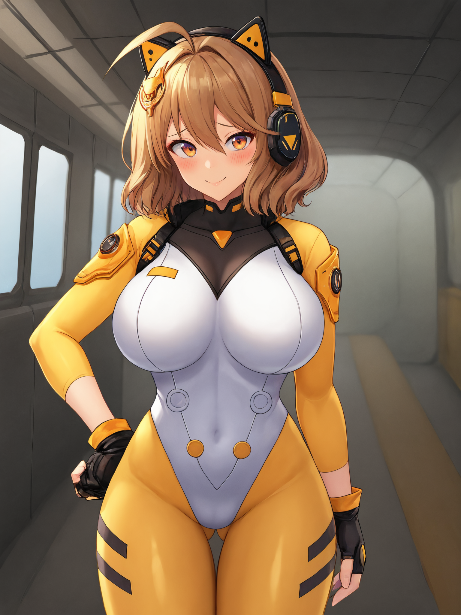 score_9, score_8_up, score_7_up, 1girl, solo, BREAK,
anis2ndannilivestream, yellow bodysuit, white leotard, black gloves, fingerless gloves, <lora:Anis_2nd_Anniversary_Livestream_Bodysuit:0.6>, BREAK,
brown hair, wavy hair, medium hair, hair ornament, ahoge, animal ear earphones, hair between eyes, huge breasts, BREAK,
smile, blush, embarrassed, looking at viewer, hand on own hip, ass visible through thighs, BREAK,
cowboy shot, indoors, spacecraft interior, space station, science fiction