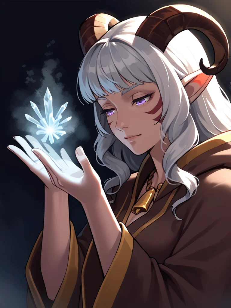 dark background, solo, close up,<lora:cryokinesis:0.8> ice_mist:1.2, breath, aura on hand:1.4,frost, spotlight, frost hands:1.4, cryokinesis, dust,
source_furry, score_7_up, rating_safe, gold necklace, tiefing, short pointed ears, brown horns, (a pair of brown sheep Horns that begin at her temples and curve back: 1.5), bangs, long silver hair long wavy hair, pale skin, <lora:whisker_markings:0.8>red whisker_markings ,short pointy ears, purple eyes, <lora:age_slider_v4:0.6> medium breasts, skinny female, silver hair, <lora:Tieflingnew weird fantasyDND:0.3> Tiefling, pointed ears, horns, half-closed eyes<lora:Smooth Style 2 SDXL_LoRA_Pony Diffusion V6 XL:0.4> bell, robe, hood off
, dancing ,