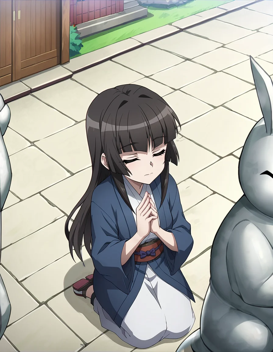 score_9, score_8_up, score_7_up, score_6_up,, score_5_up, BREAK, source_anime, anime screencap, layered kimono, shirabe, long hair, praying, rabbit statue,, head down, closed eyes, high angle, on knees, shrine, <lora:AXZ-Shirabe:0.9>