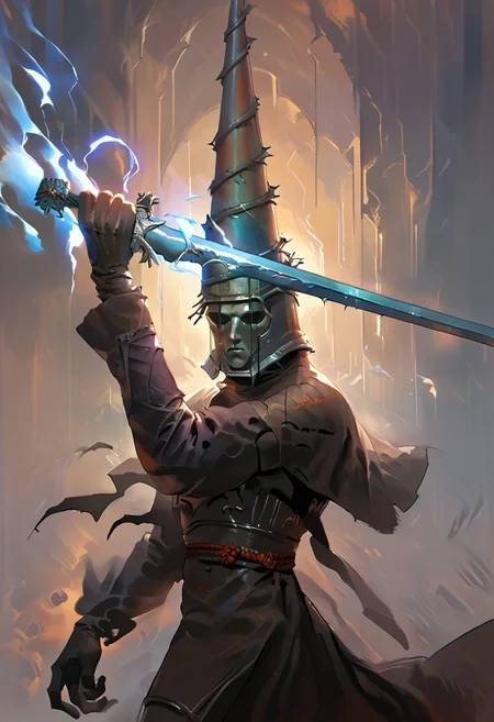 score_9, score_8_up, score_7_up, 1man, tall conical helmet, metal facial mask, pauldron, expressionless, holding weapon, holding sword, blue electricity, cleavage, black dress, sleeves,