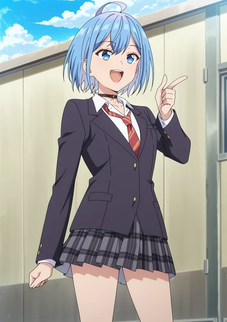 detailed background, official style,anime coloring, (anime screencap) masterpiece, detailed face,1girl <lora:Himari_Inuzuka__Can_a_Boy-Girl_Friendship_Survive:0.8>Himari, solo, blue hair, skirt, ahoge, blue eyes, necktie, jacket, red necktie, short hair, outdoors, pleated skirt, white shirt, choker, sky, day, shirt, diagonal-striped necktie, collared shirt, school uniform, cloud, blazer, plaid skirt, open mouth, plaid, striped necktie, black jacket, pointing, smile, black choker, striped