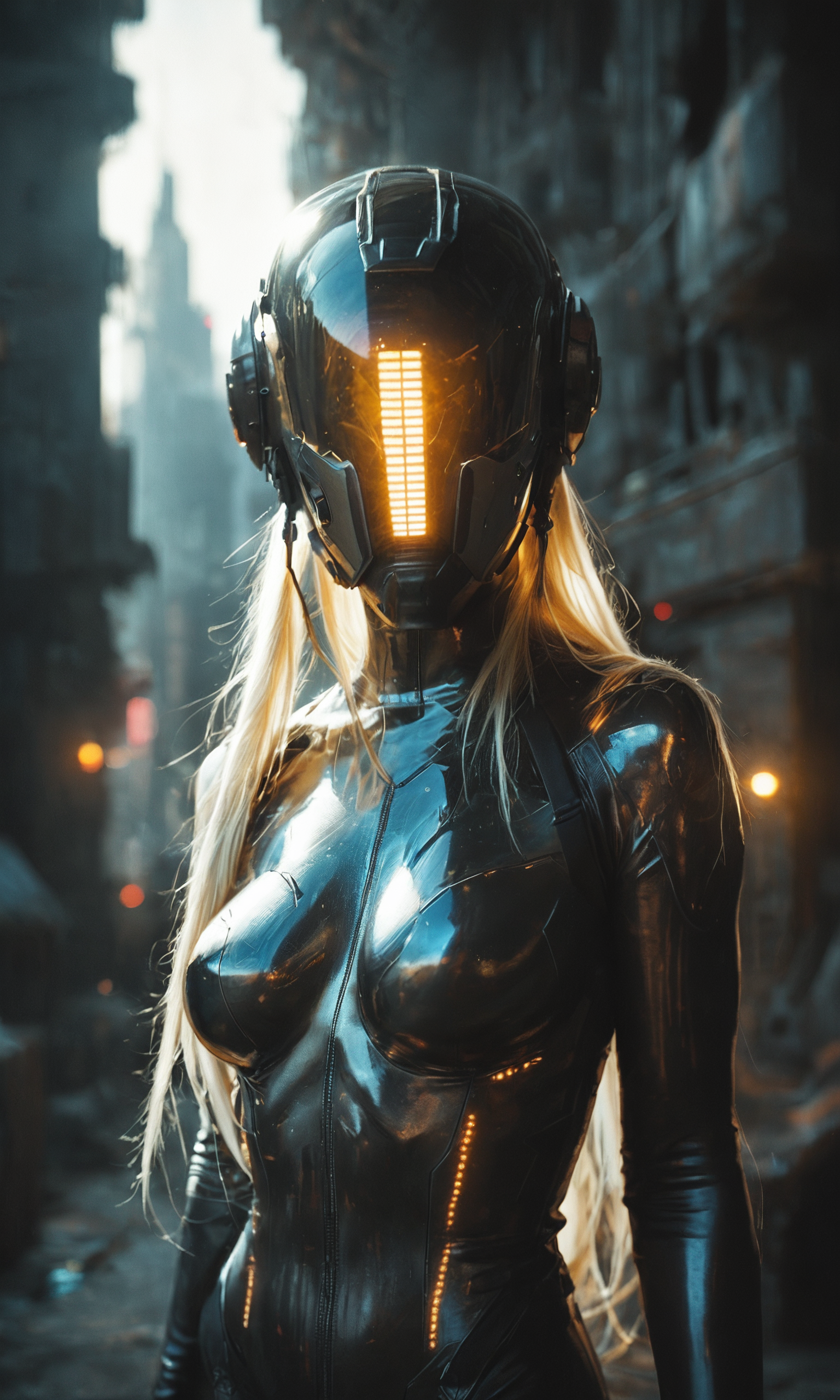 score_9, score_8_up, score_7_up, 1girl, slender, very long hair, medium breasts, hair is burning, no_face, full_helmet, mirror_helmet, high_tech_bodysuit, glowing_clothes, golden hour lighting, cowboy_shot, cyberpunk city, building_ruins, fantasy, <lora:add-detail-xl:1>, <lora:Mechanism-pdxl-1:0.5>, mcnm