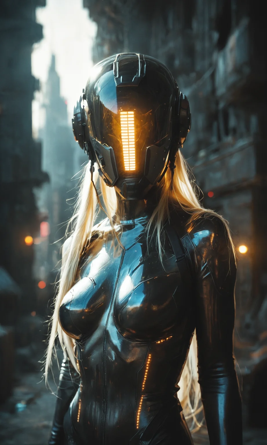 score_9, score_8_up, score_7_up, 1girl, slender, very long hair, medium breasts, hair is burning, no_face, full_helmet, mirror_helmet, high_tech_bodysuit, glowing_clothes, golden hour lighting, cowboy_shot, cyberpunk city, building_ruins, fantasy, <lora:add-detail-xl:1>, <lora:Mechanism-pdxl-1:0.5>, mcnm