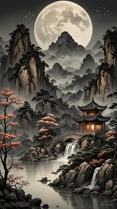 chinese landscape, mountains, waterfall into a open lake, chinese traditional building around the lake, soft moon, intricate details, dark shadows, at night, Chinese ink brush art style, graceful brushwork, elegant compositions, traditional motifs, professional-grade execution, captures the essence of Chinese culture and aesthetics