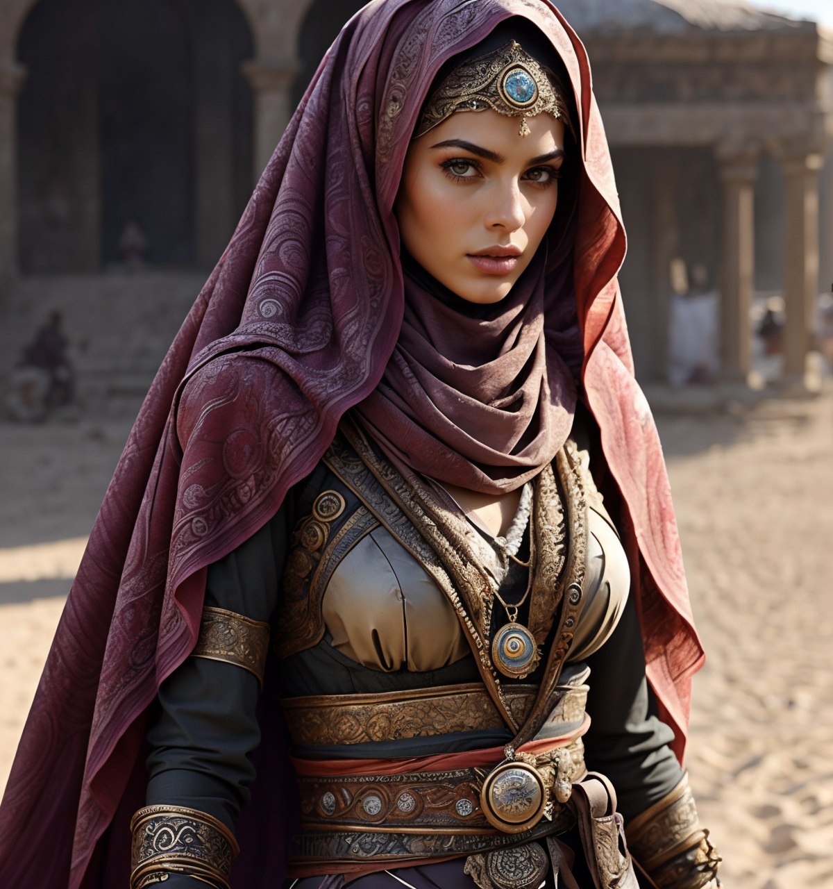 RAW photo, (masterpiece:1.3), subsurface scattering, heavy shadow, (high quality:1.4), (intricate, high detail:1.2), professional photography, HDR, High Dynamic Range, realistic, ultra realistic, photorealistic, high resolution, film photography, ambient lighting, atmospheric effects, <lora:detail_slider_v4:2>, OverallDetail, 1girl, arar, belt, boots, cape, covered mouth, dark-skinned female, desert, upper body, jewelry, looking at viewer, medium breasts, realistic, sash, simple background, solo, veil,  <lora:ArabianArmor:1>