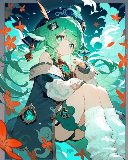 (score_9,score_8_up,score_7_up),1girl,solo, <lora:huohuo:1>, hat, animal ear, green hair, green eyes, blue eyes, hair ornaments, hat ornament, paw-shaped pupils, socks, ahoge, loose socks, shoes, off shoulder, long sleeves,